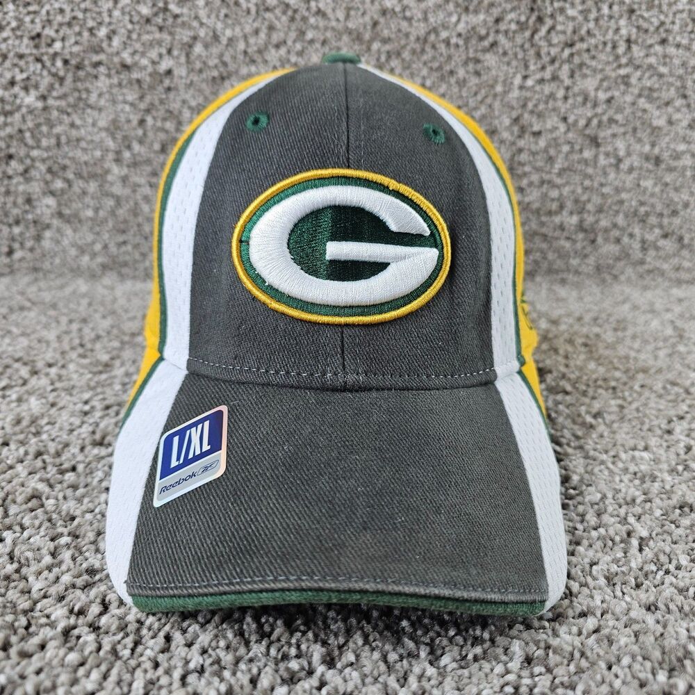 Green Bay Packers Hat Cap Reebok Flex L/XL NFL Green Yellow Striped Big Logo